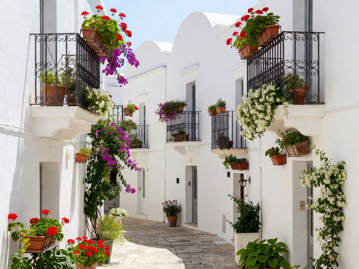 Bright whitewashed street in Locorotondo with wrought iron balconies and overflowing flower planters
