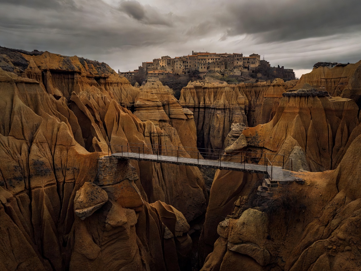 Dramatic clay canyon cliffs leading to Civita di Bagnoregio via a slender footbridge