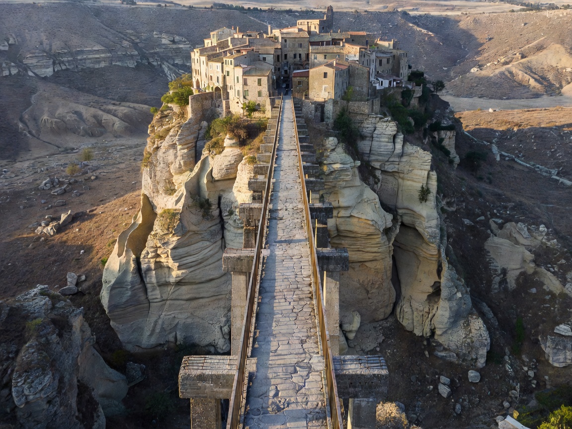 Elevated perspective of the reinforced pedestrian bridge leading across the valley to Civita di Bagnoregio