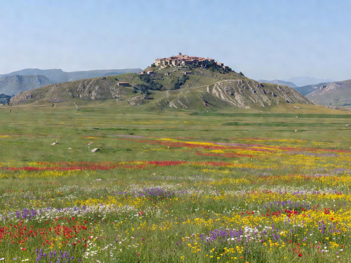 Expansive view of the Piano Grande plain leading up to the hill crest of Castelluccio di Norcia