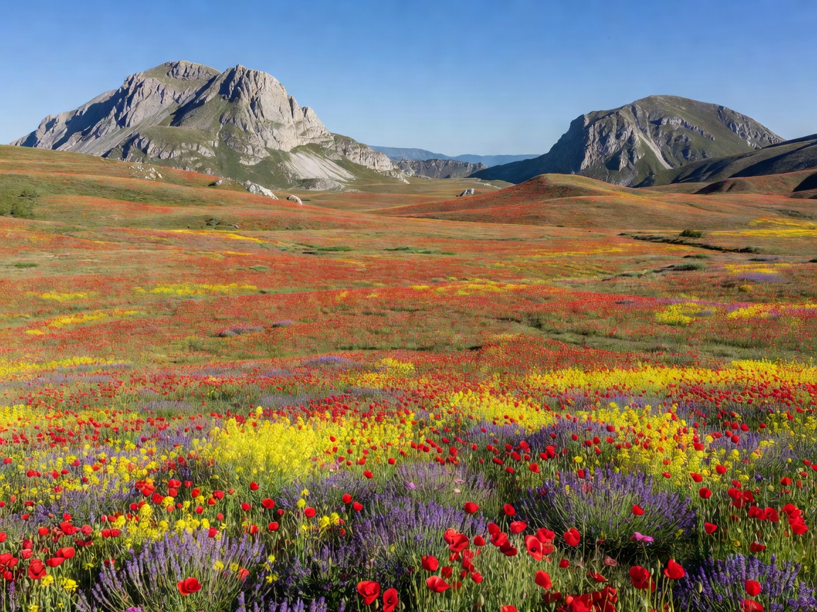 High plateau of Castelluccio di Norcia framed by Mount Vettore and wild plains