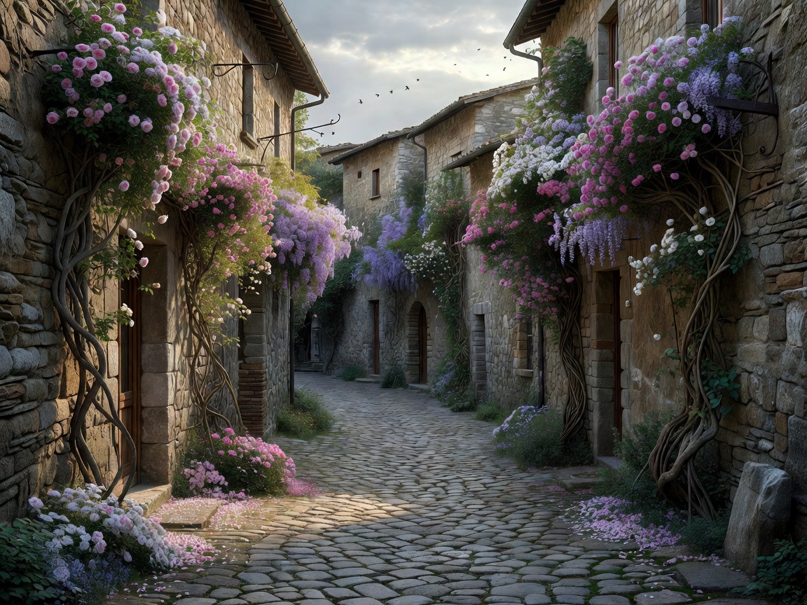 Medieval circular stone street draped in flowering vines in Montefioralle Chianti
