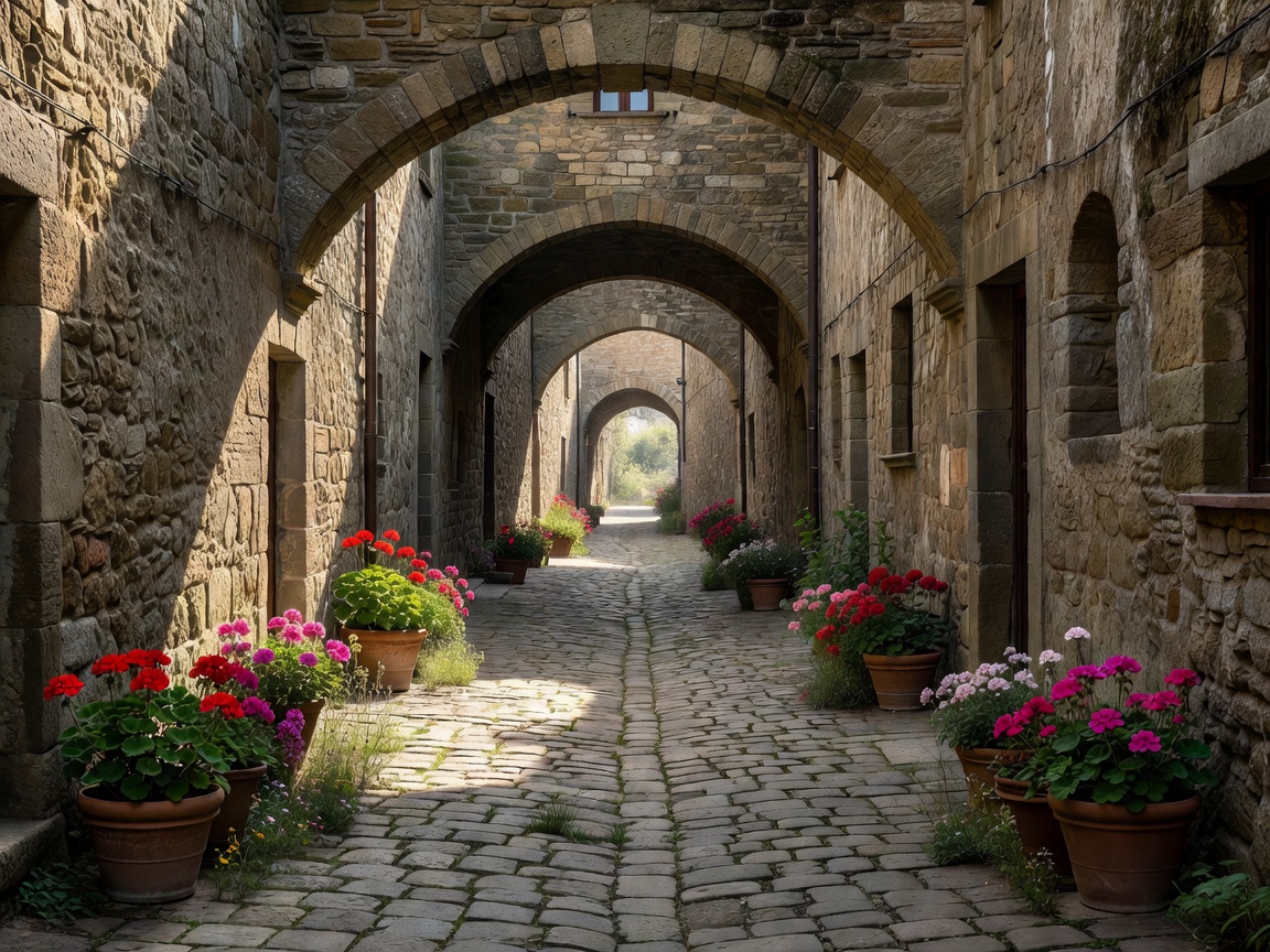Narrow medieval cobblestone street in Montefioralle with stone arches and potted geraniums
