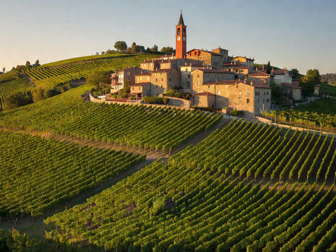 Scenic hillside vineyard rows climbing towards the terracotta clocktower and stone villas of Neive
