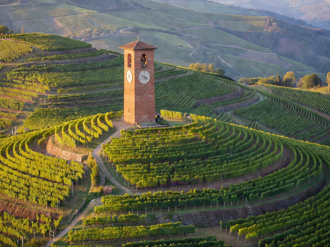 Terraced vineyard hills and terracotta clocktower in Neive Piedmont