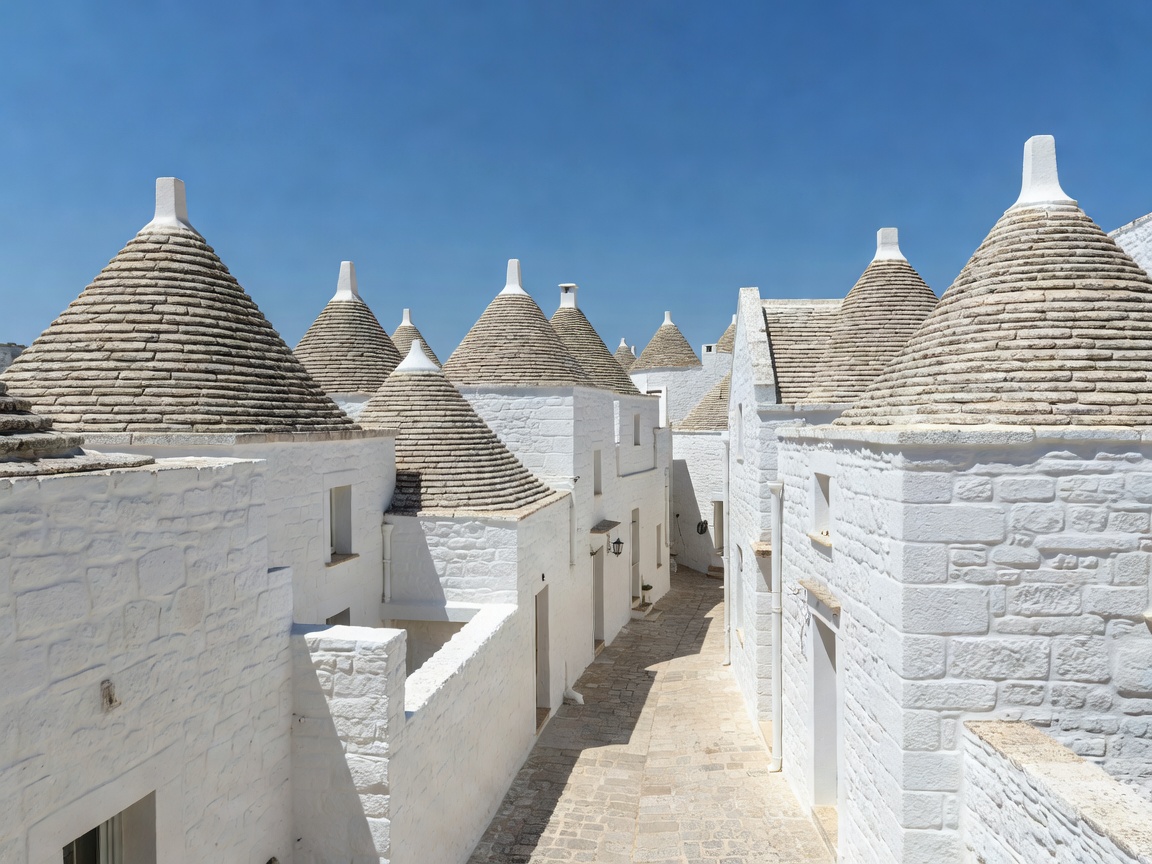 Whitewashed stone houses with steep pointed roofs under blue sky in Locorotondo